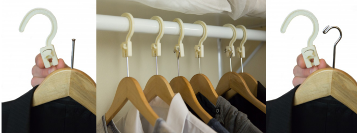 ConvertAHanger collage showing the product in hand and multiple hangers in use